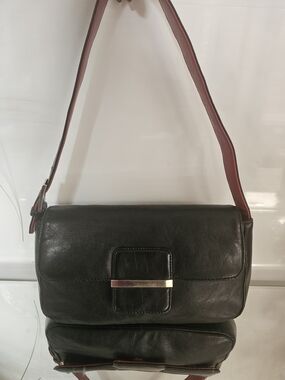 Coletta Vintage  Black Leather Satchel with Red Accent Strap
